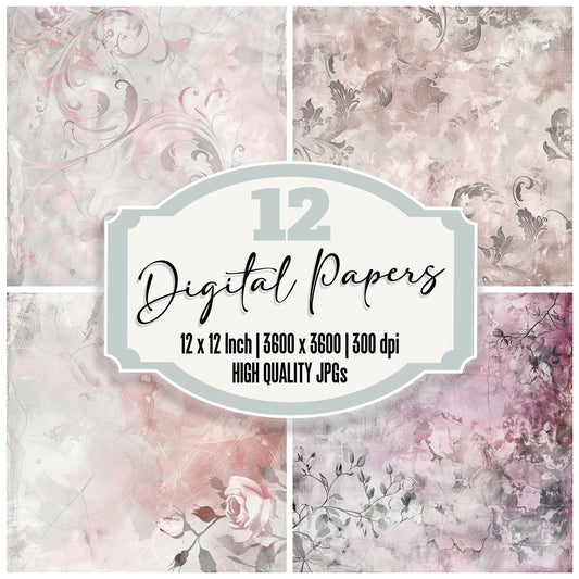 Pink and Grey Marble Floral Digital Paper Pack (DDD003000)