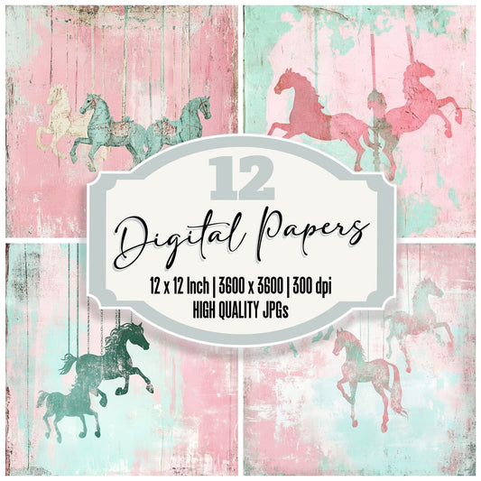 Pink and Mint Carousel Horses Digital Paper Pack (DDD003001)