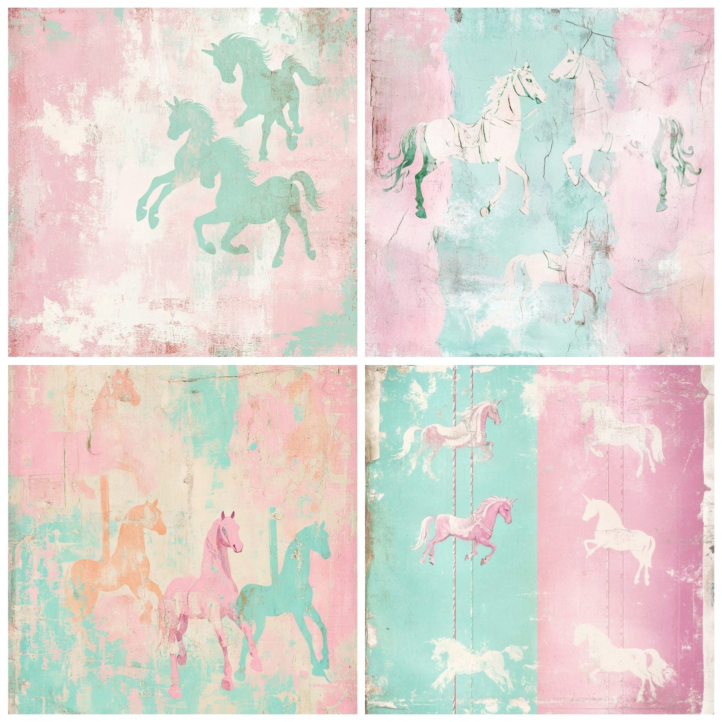 Pink and Mint Carousel Horses Digital Paper Pack (DDD003001)