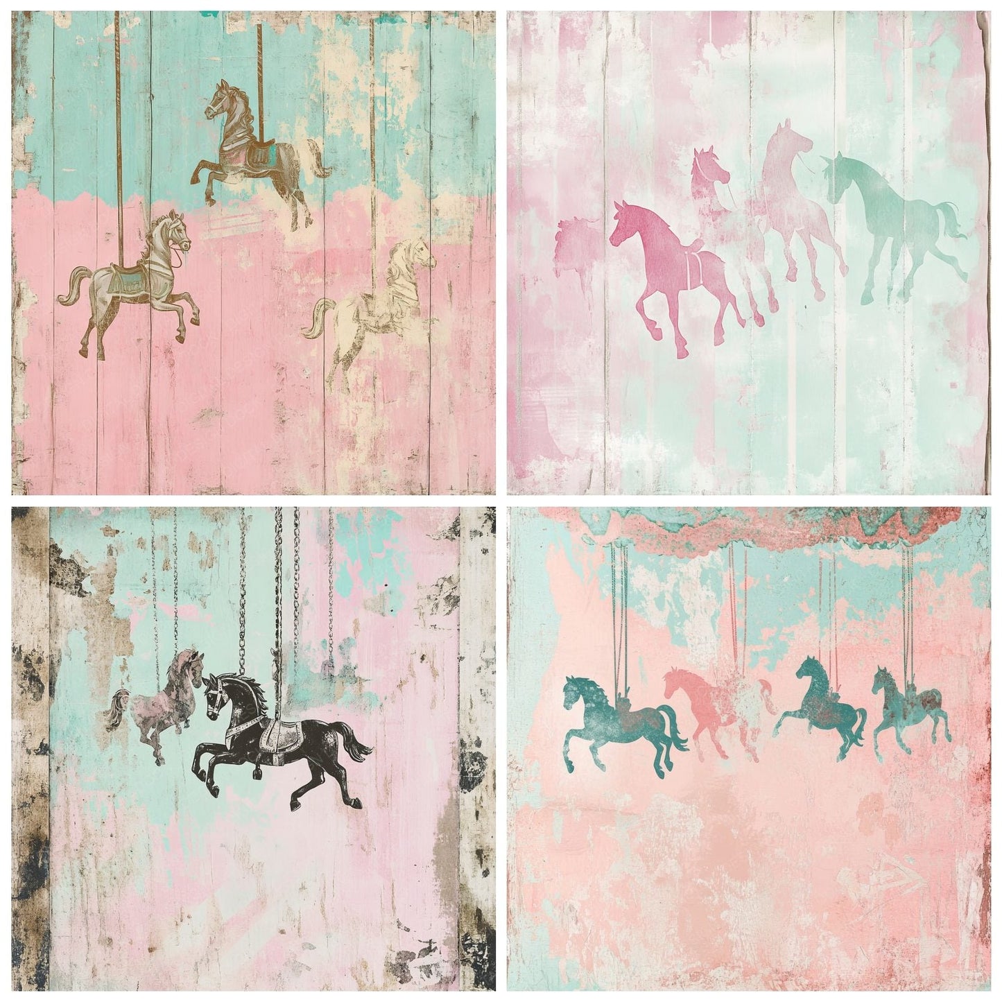 Pink and Mint Carousel Horses Digital Paper Pack (DDD003001)
