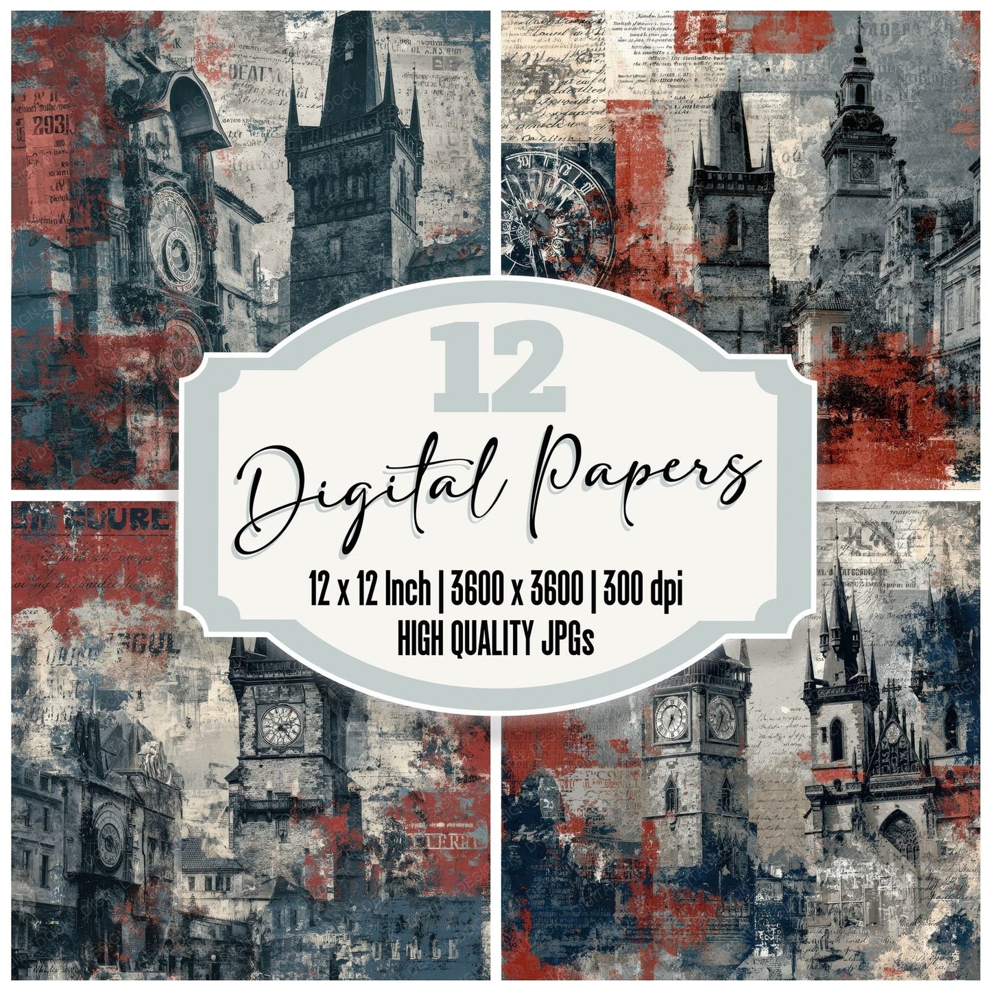 Prague Collage Clock Stone Gothic Digital Paper Pack (DDD003062)