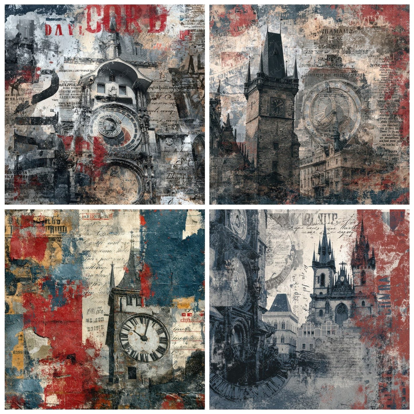 Prague Collage Clock Stone Gothic Digital Paper Pack (DDD003062)