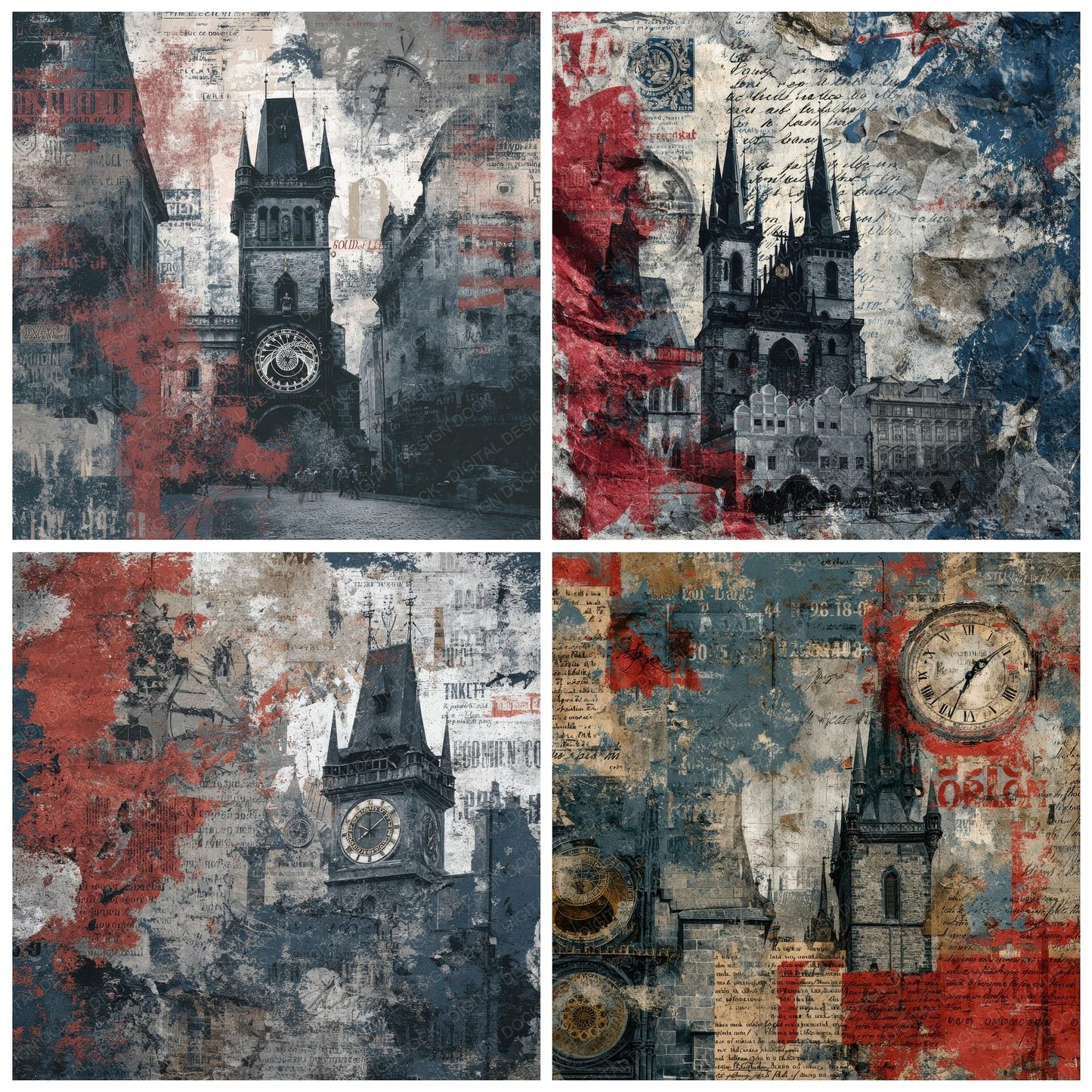 Prague Collage Clock Stone Gothic Digital Paper Pack (DDD003062)