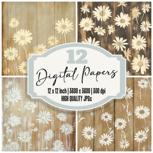 Pressed Daisy Wood Digital Paper Pack (DDD003067)
