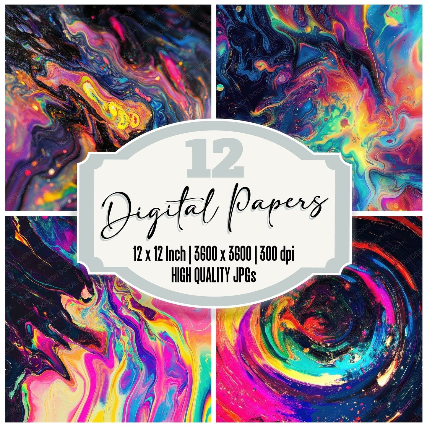 Psychedelic Swirls Rainbows Background Digital Paper Pack (DDD003094)