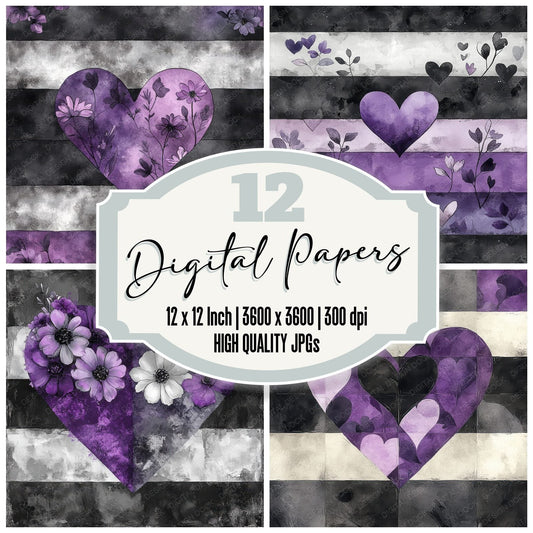 Purple and Black Floral Heart Digital Paper Pack (DDD003101)