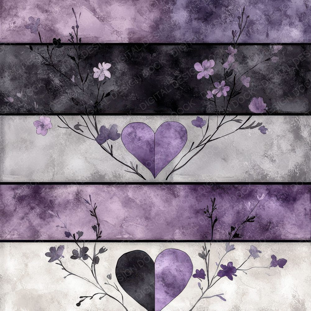Purple and Black Floral Heart Digital Paper Pack (DDD003101)