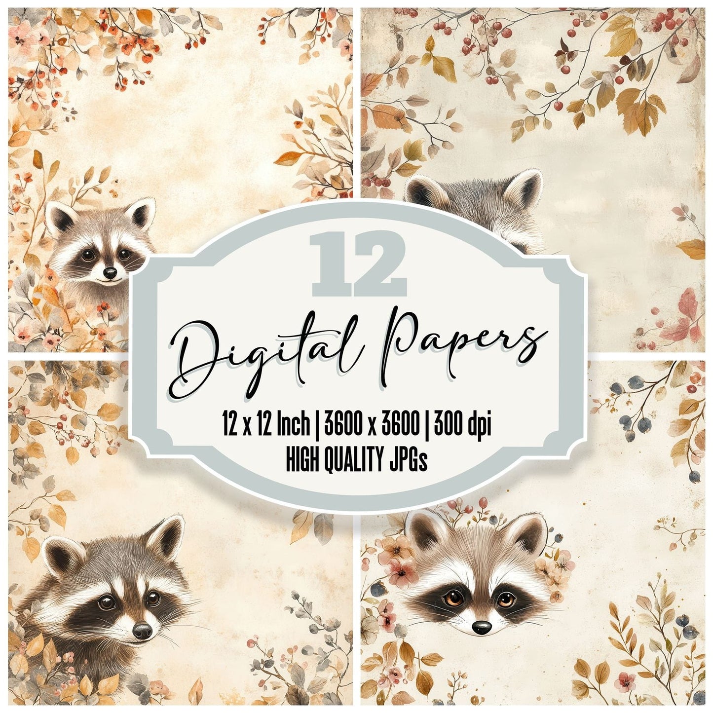 Raccoon Berry Bloom Digital Paper Pack (DDD003116)