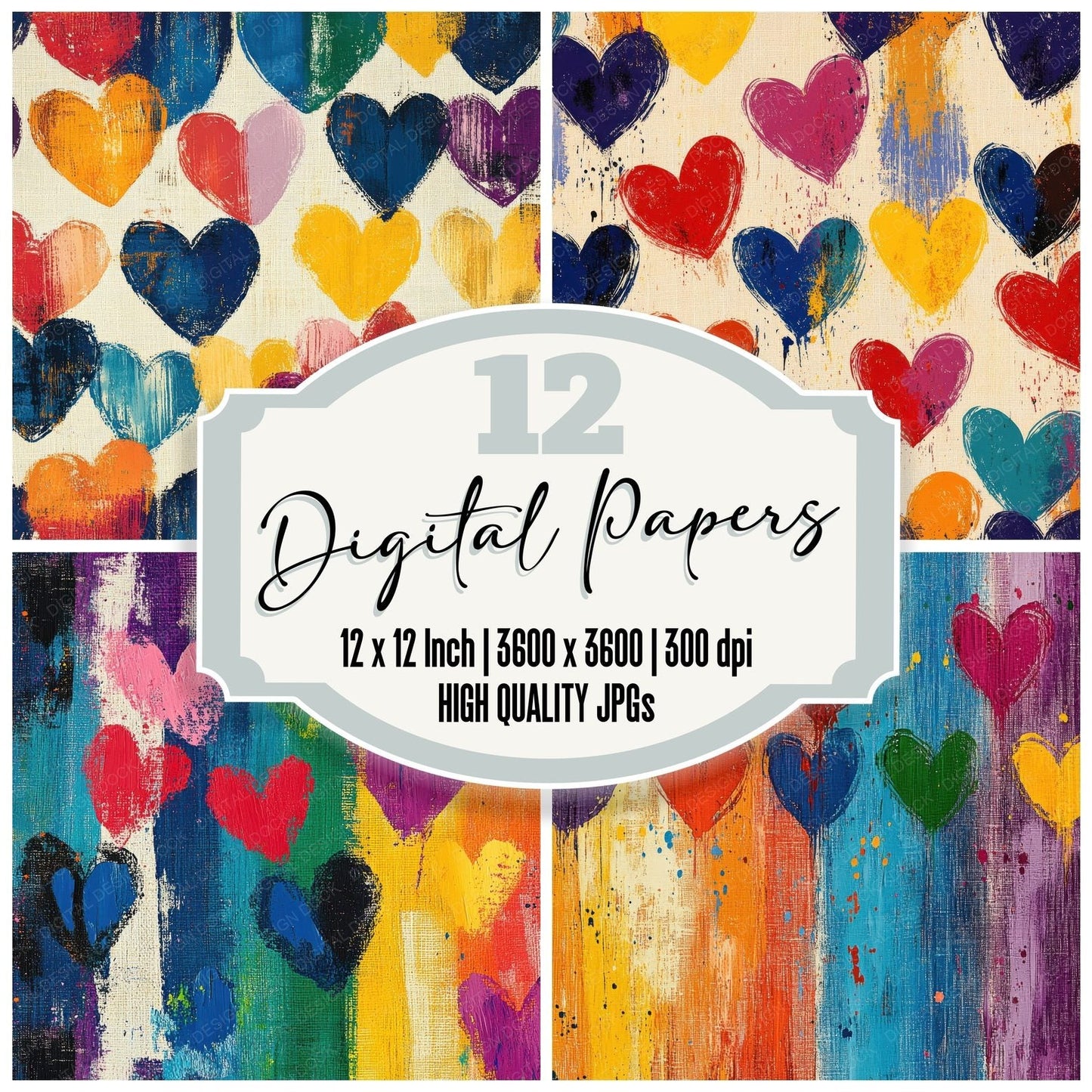Rainbow Painted Hearts Digital Paper Pack (DDD003150)