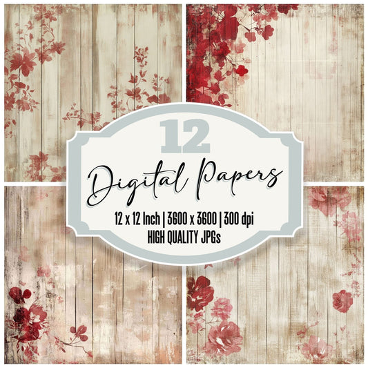 Red Floral Wood Background Digital Paper Pack (DDD003179)
