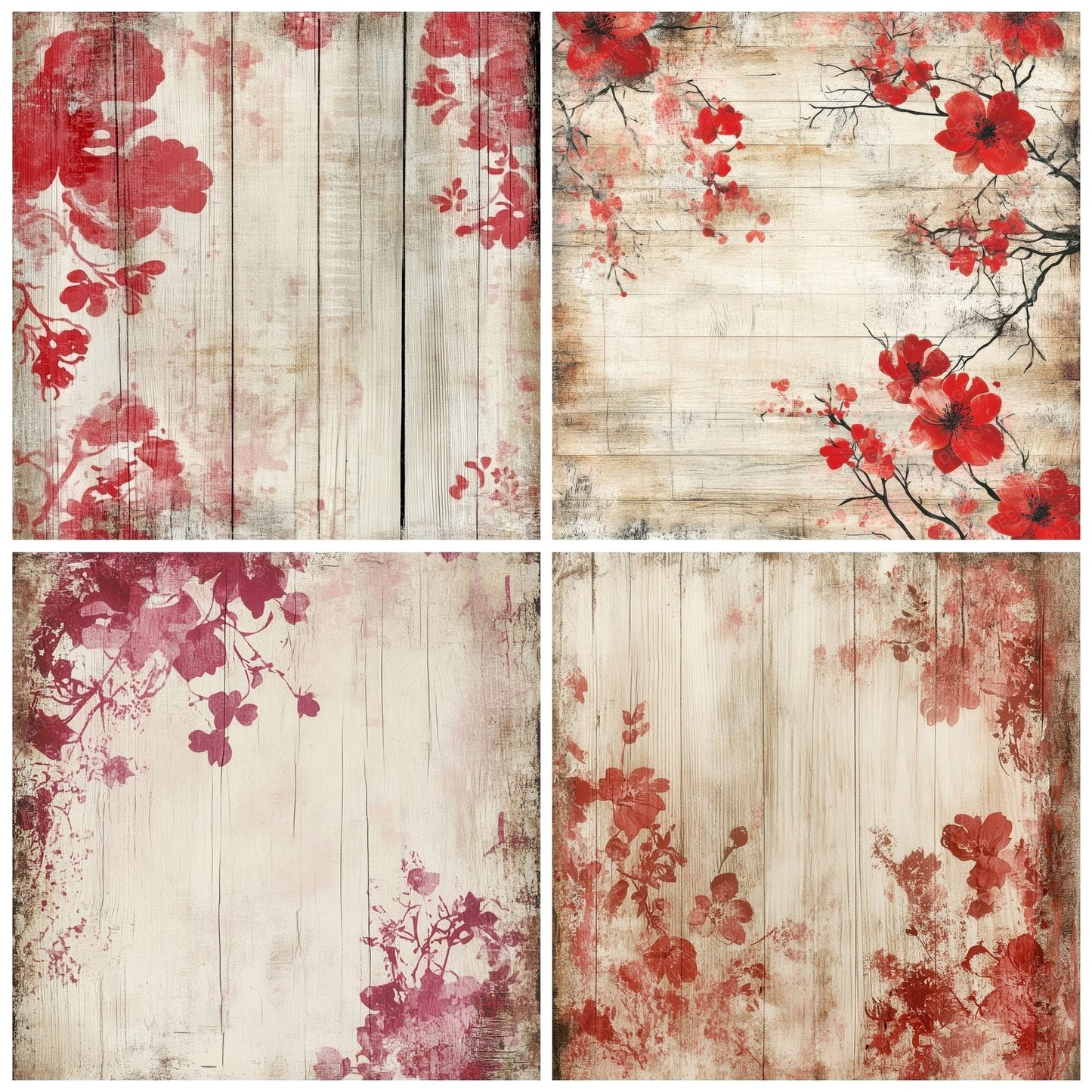 Red Floral Wood Background Digital Paper Pack (DDD003179)