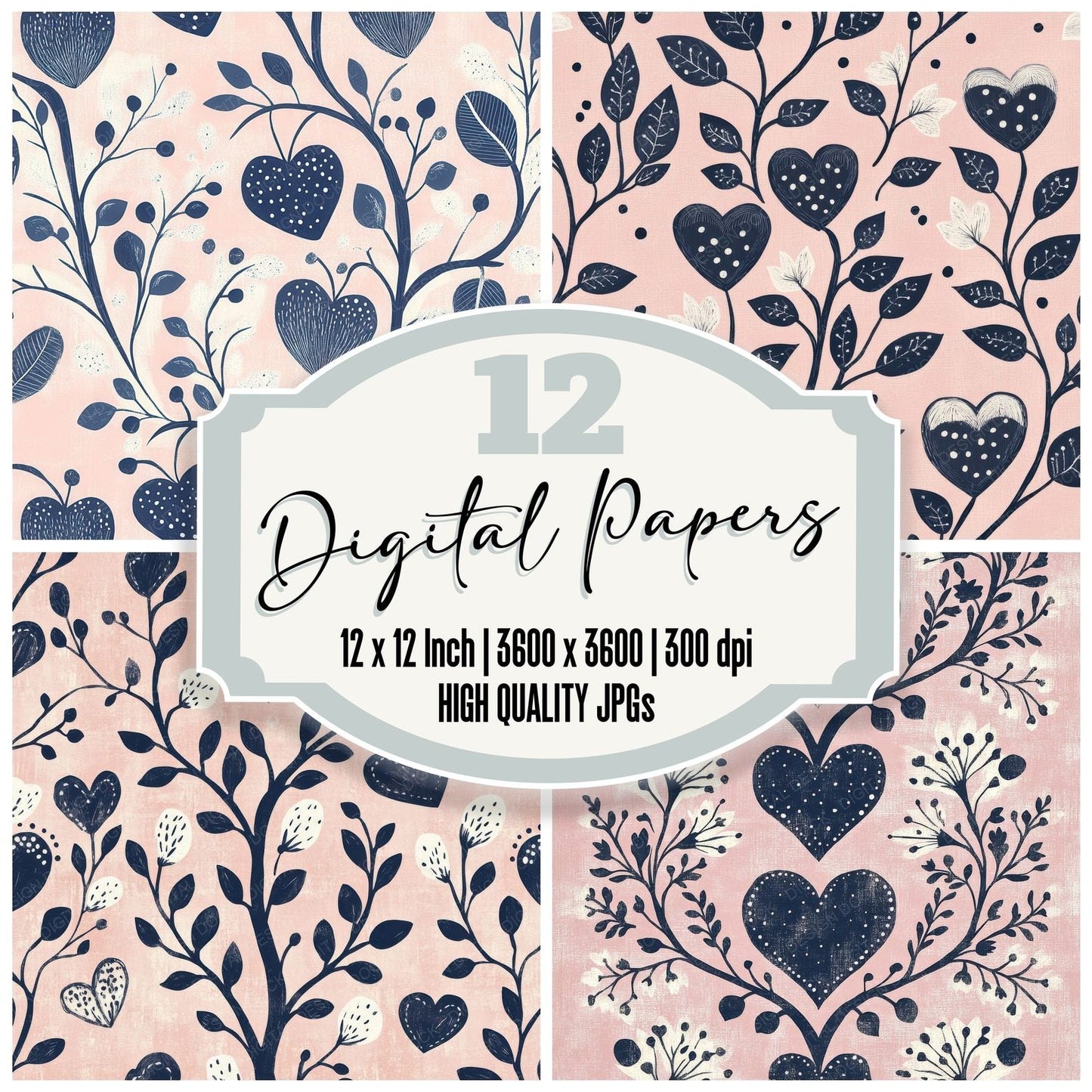 Rose Folk Heart Digital Paper Pack (DDD003263)