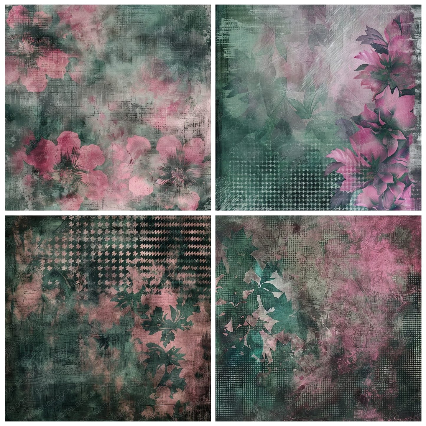Rose Pink and Emeral Green Houndstooth Pattern Digital Paper Pack (DDD003277)