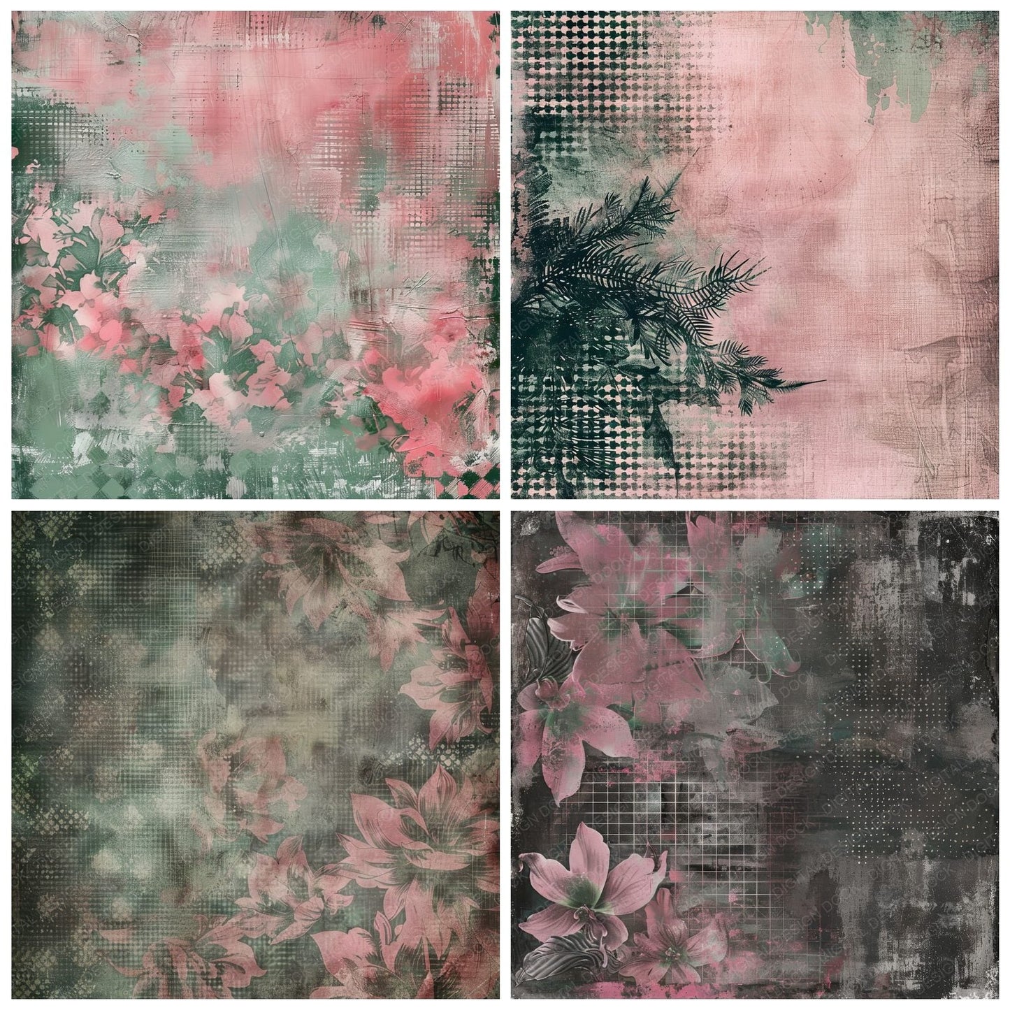 Rose Pink and Emeral Green Houndstooth Pattern Digital Paper Pack (DDD003277)