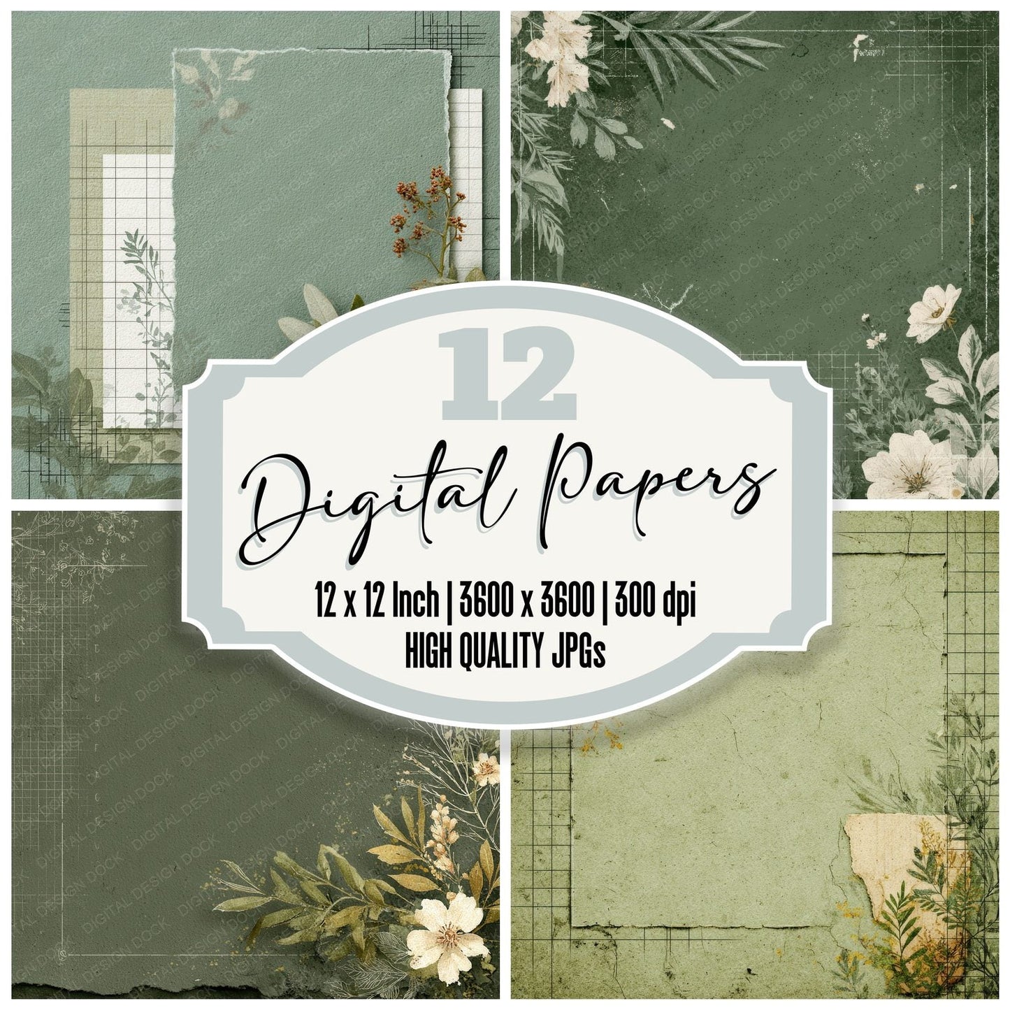 Sage Chalk Botanical Grid Digital Paper Pack (DDD003340)