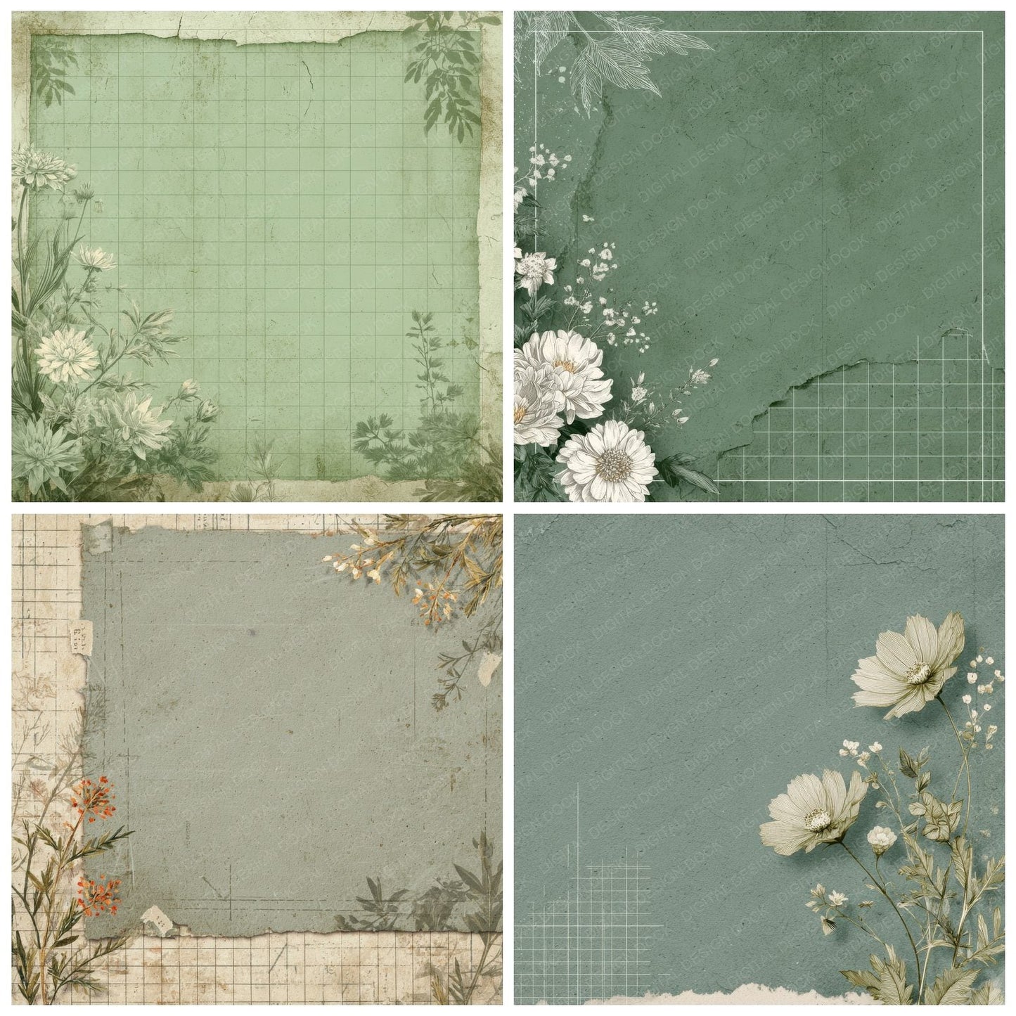 Sage Chalk Botanical Grid Digital Paper Pack (DDD003340)