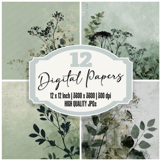 Sage Flat Botanical Script Smear Digital Paper Pack (DDD003345)