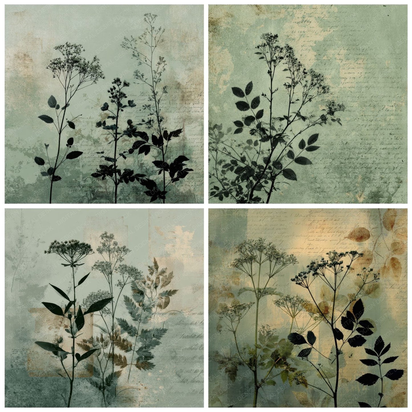 Sage Flat Botanical Script Smear Digital Paper Pack (DDD003345)