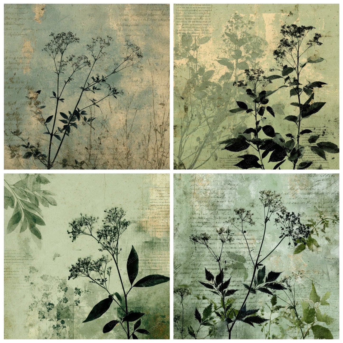 Sage Flat Botanical Script Smear Digital Paper Pack (DDD003345)