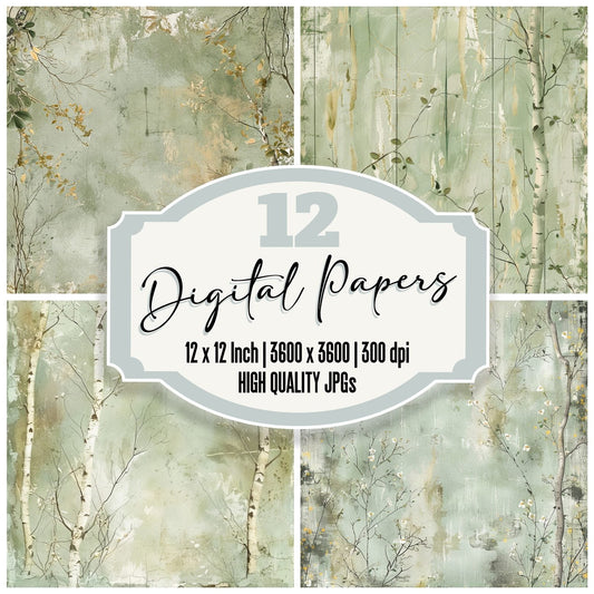 Sage Green Birch Trees Digital Paper Pack (DDD003348)