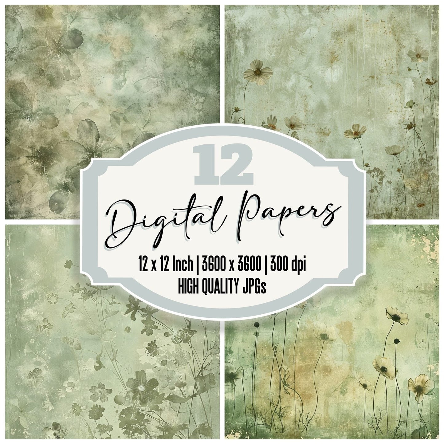 Sage Green Floral Digital Paper Pack (DDD003349)