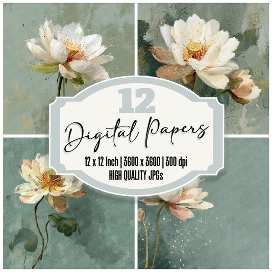 Sage White Brown Lotus Digital Paper Pack (DDD003358)