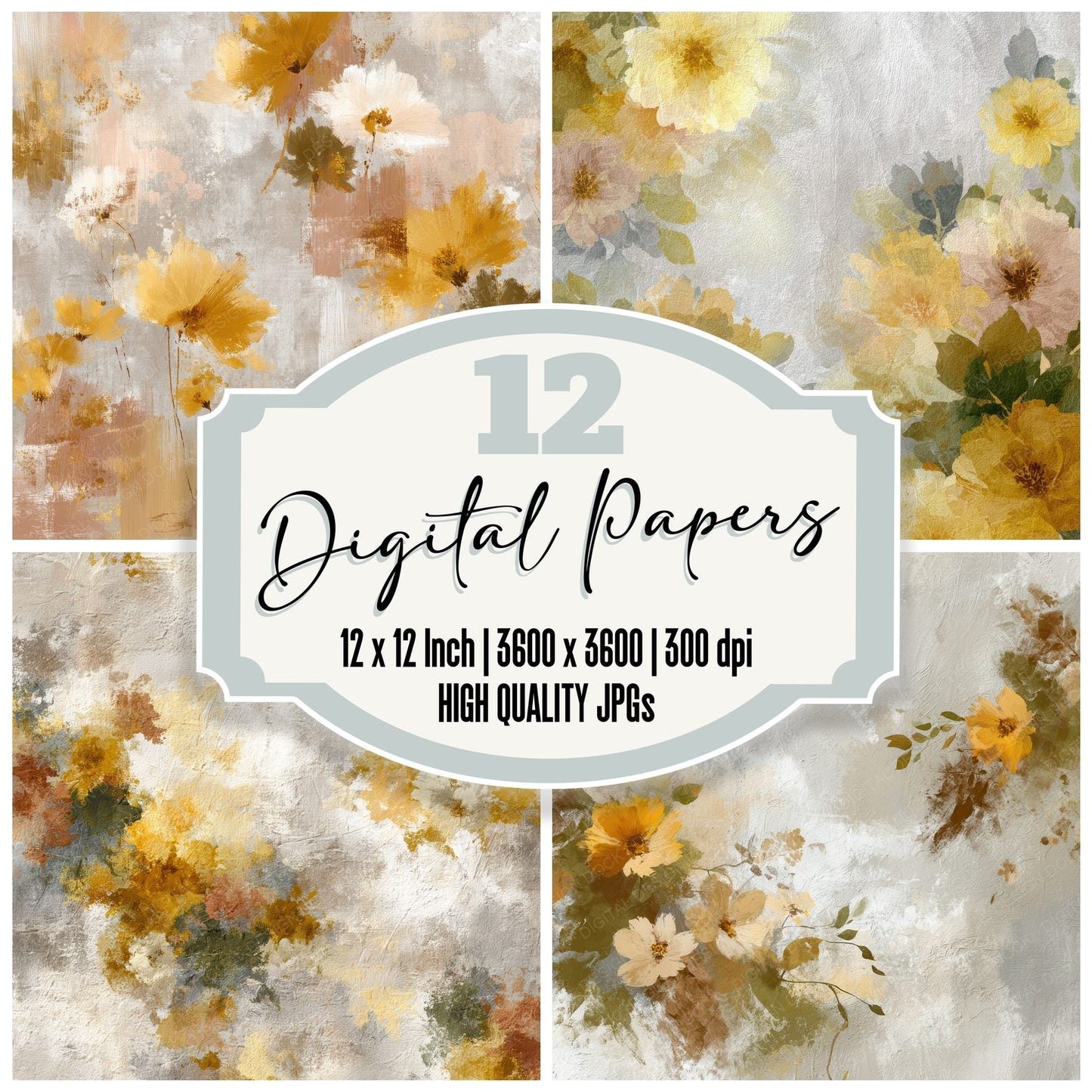 Sand Olive Mustard Brush Bloom Digital Paper Pack (DDD003376)