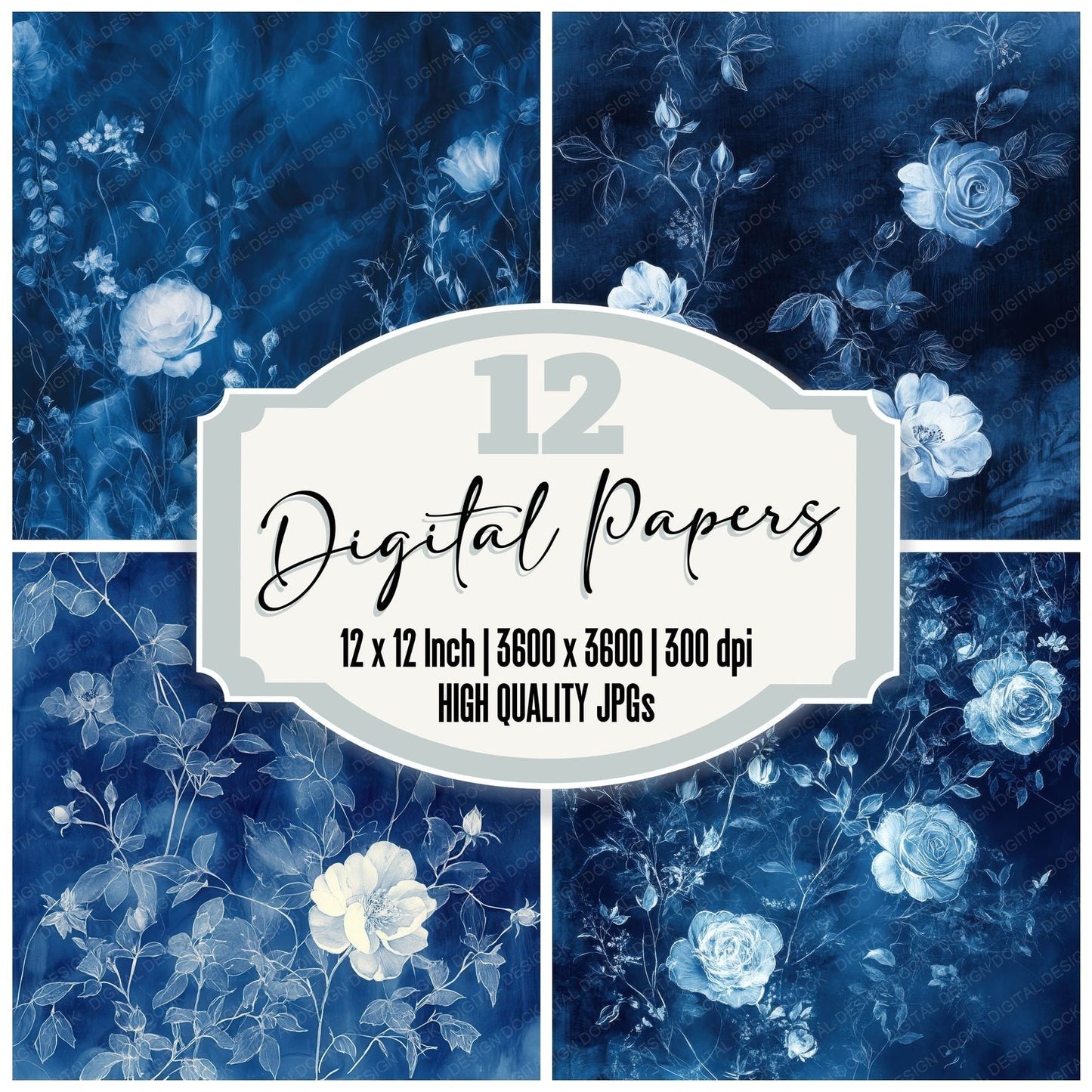 Sapphire Ghost Florals Digital Paper Pack (DDD003393)