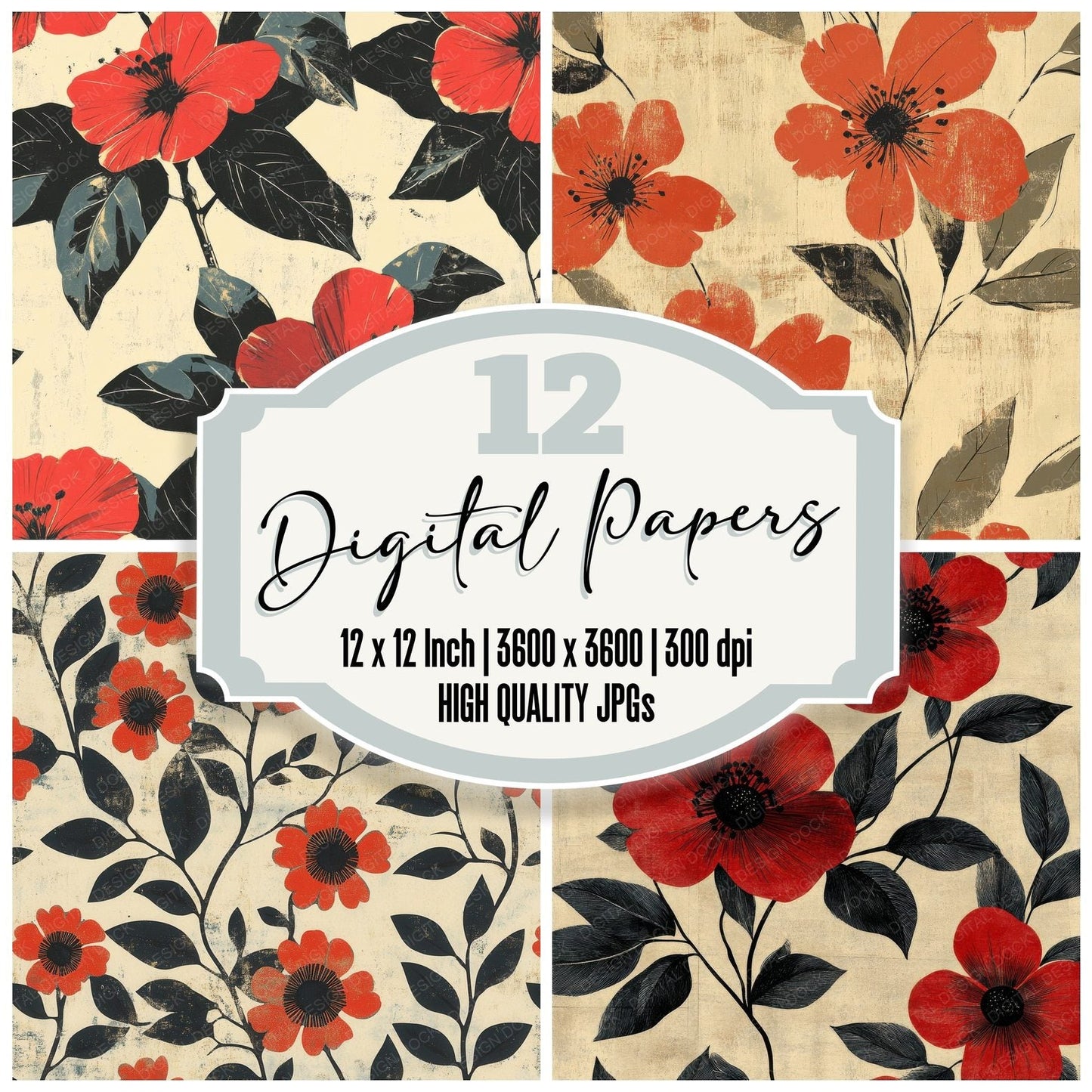Scarlet Olive Blossom Digital Paper Pack (DDD003404)