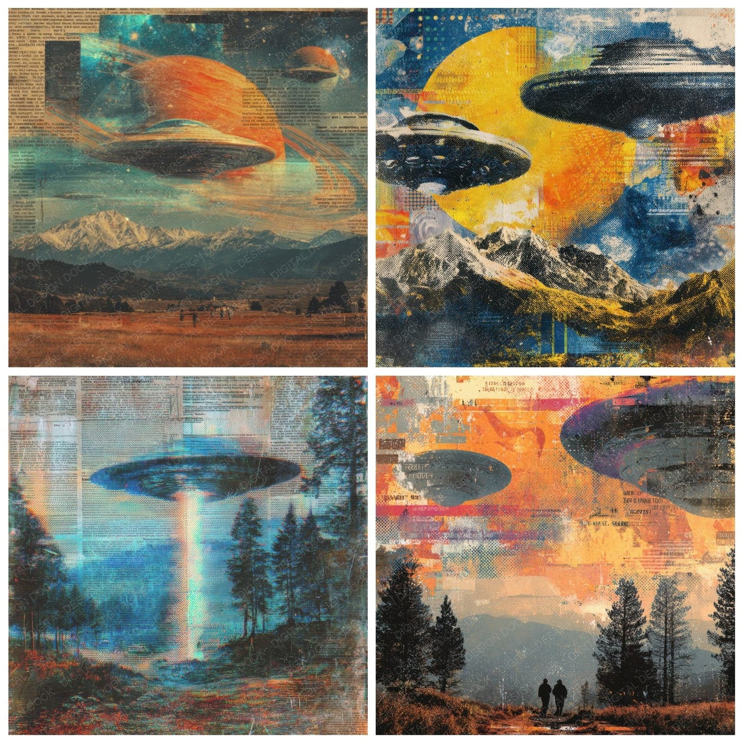 SciFi Collage Saucer Halftone Grain Digital Paper Pack (DDD003410)