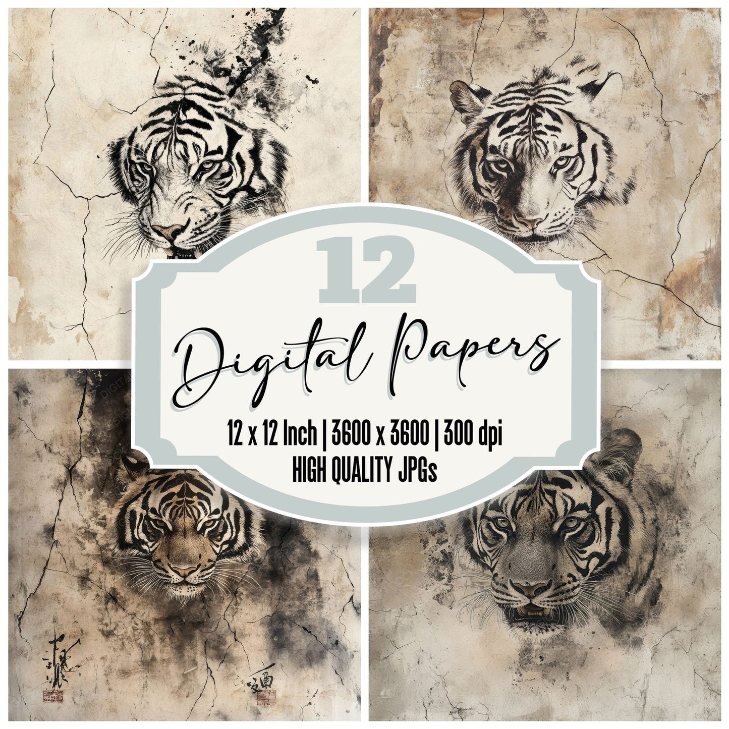 Scratched Tiger Ink Background Digital Paper Pack (DDD003421)