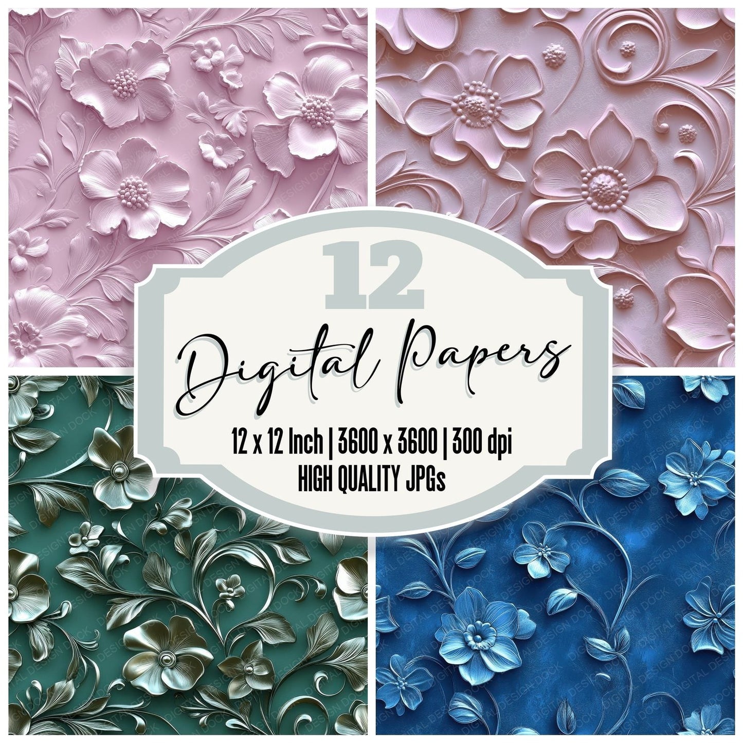 Seamless Embossed Floral Paper Digital Paper Pack (DDD003434)