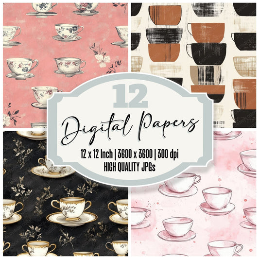 Seamless Teacup Pattern Paper Digital Paper Pack (DDD003439)