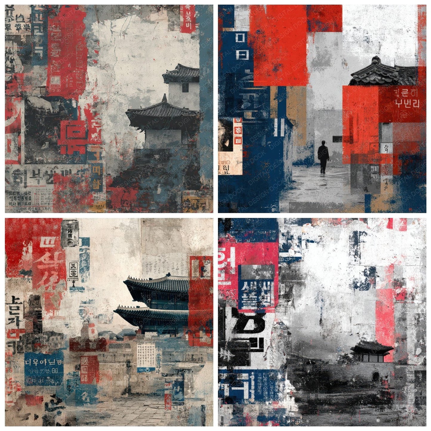 Seoul Collage Hangul Temple Street Digital Paper Pack (DDD003444)