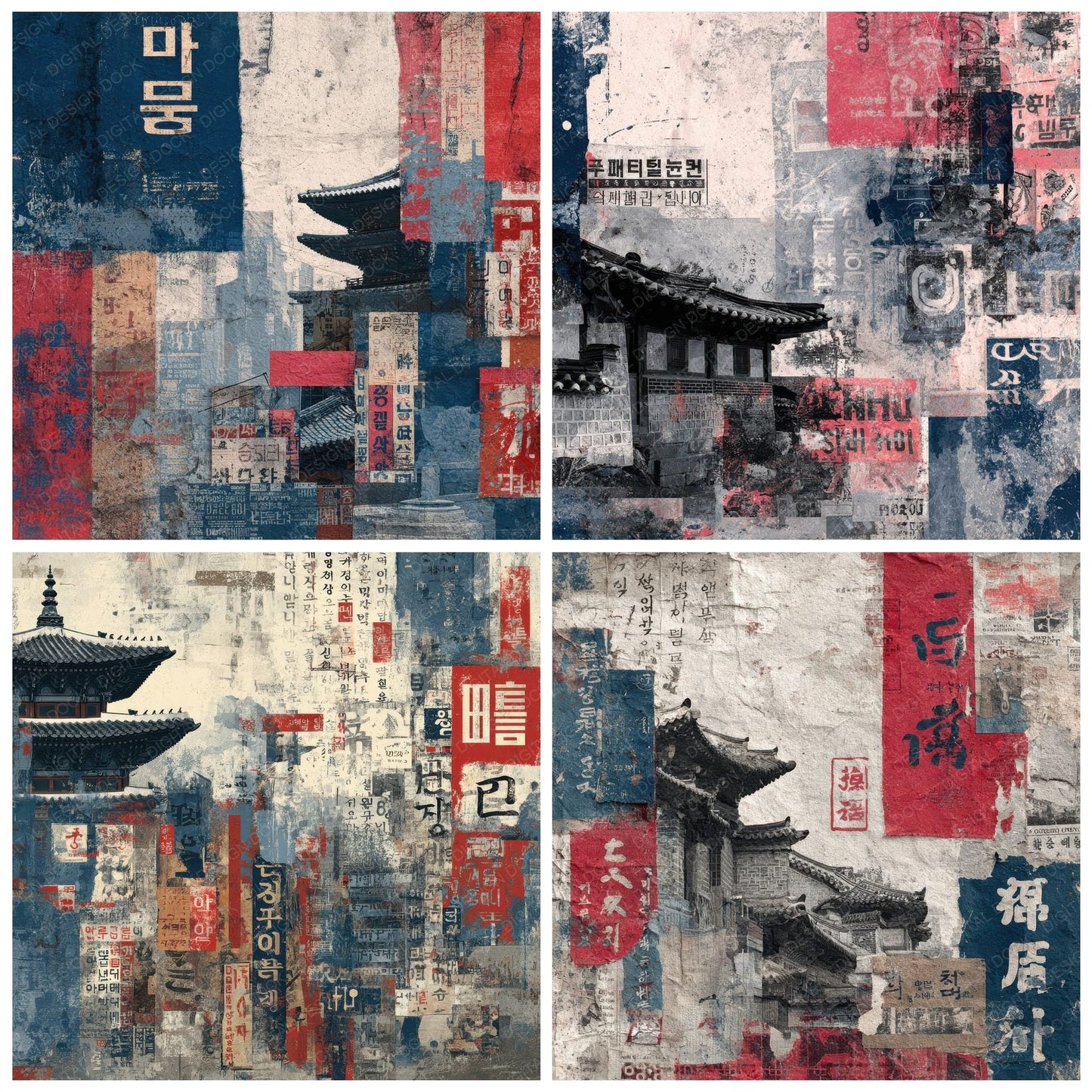 Seoul Collage Hangul Temple Street Digital Paper Pack (DDD003444)