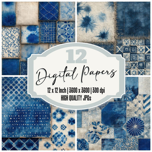Shibori Indigo Sashiko Grain Fold Digital Paper Pack (DDD003475)