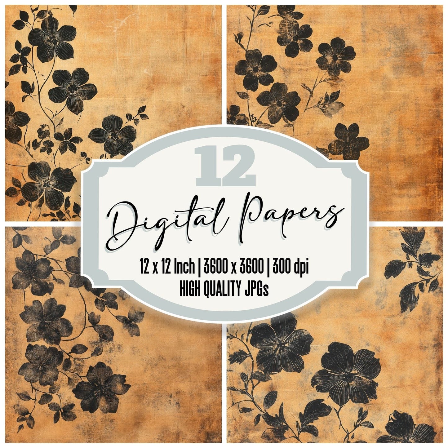Sienna Black Floral Print Digital Paper Pack (DDD003481)