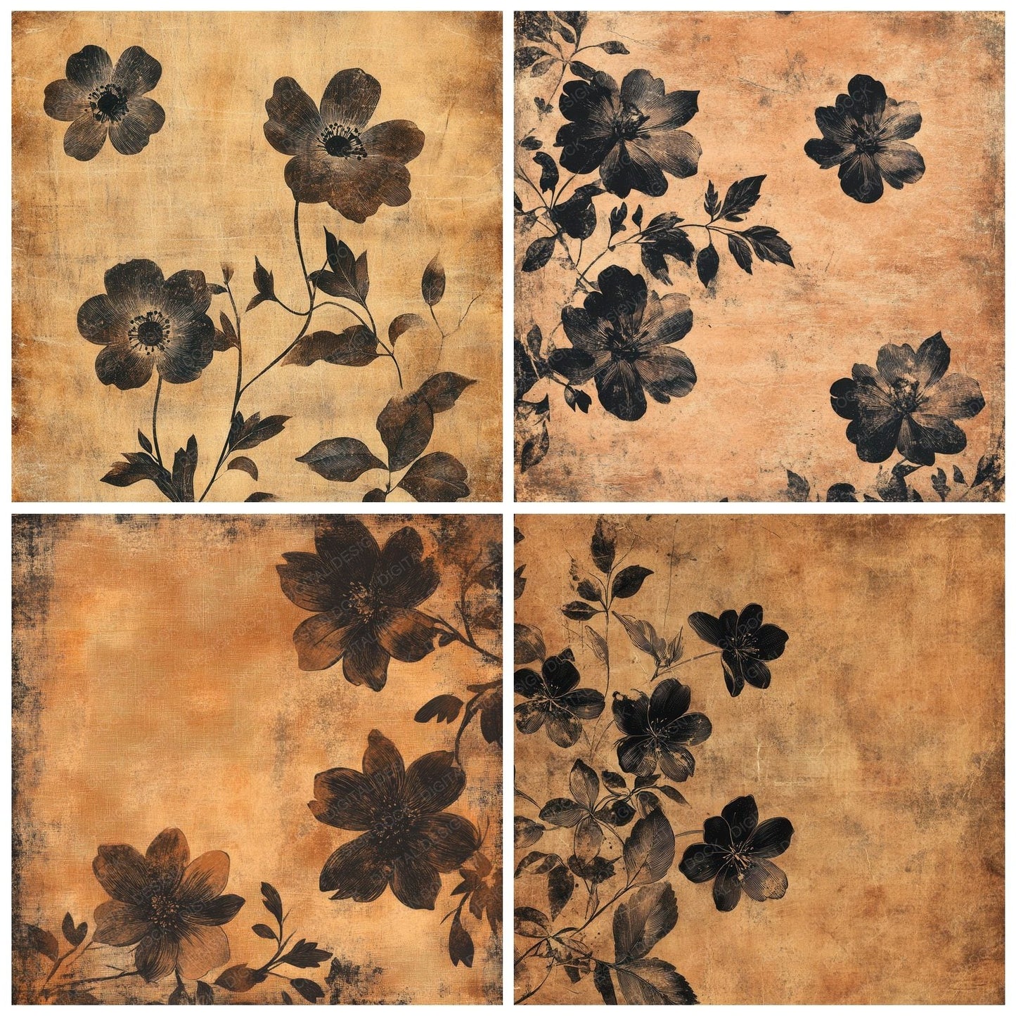 Sienna Black Floral Print Digital Paper Pack (DDD003481)