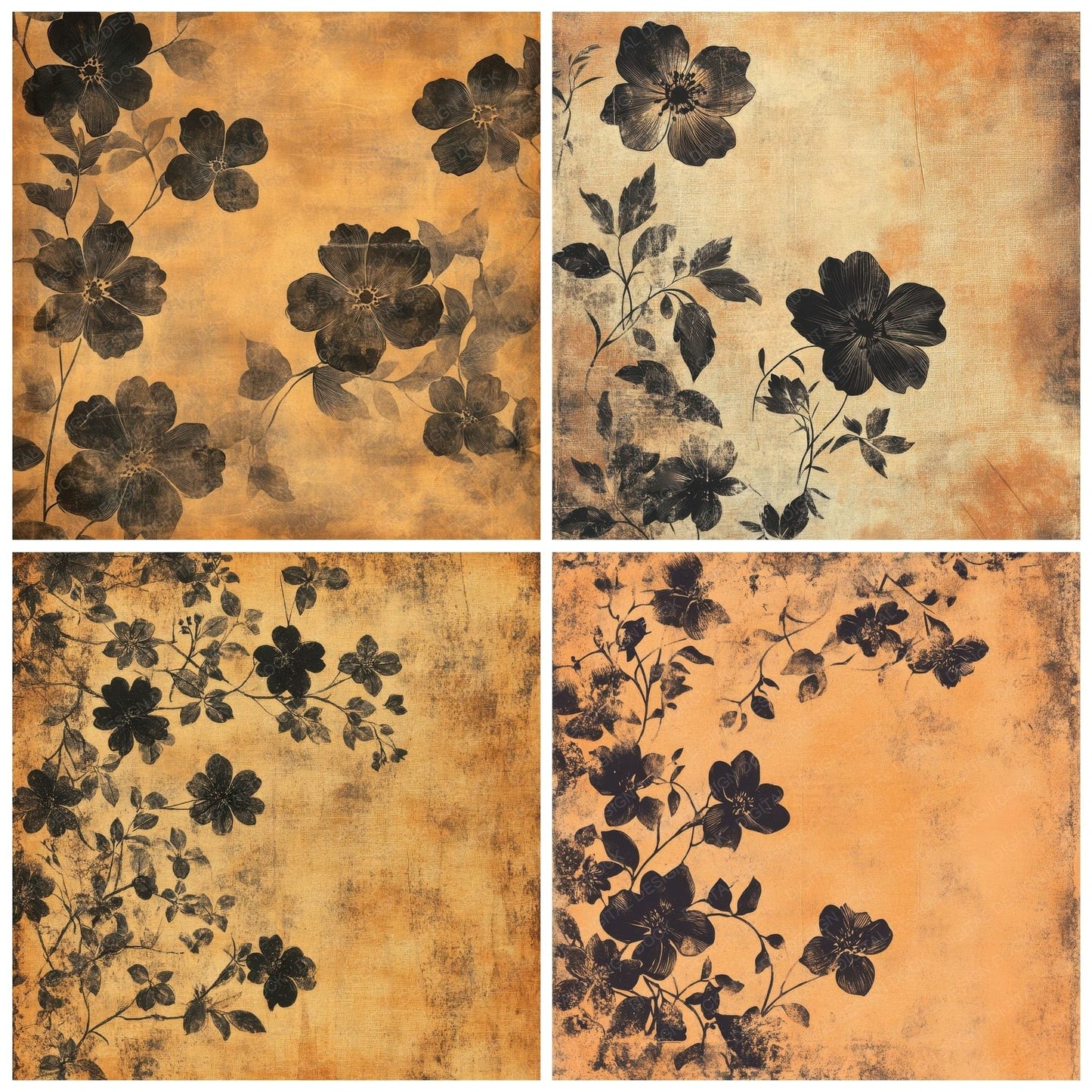 Sienna Black Floral Print Digital Paper Pack (DDD003481)