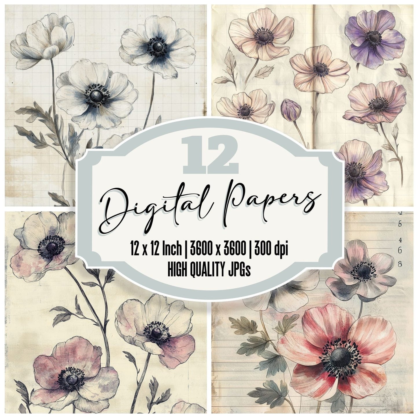 Sketch Anemone Notepad Digital Paper Pack (DDD003503)