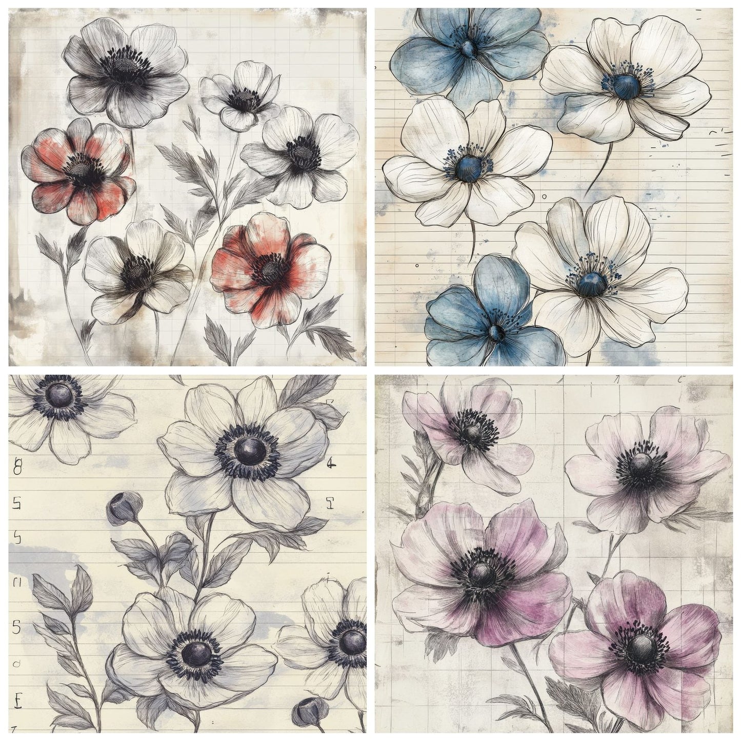 Sketch Anemone Notepad Digital Paper Pack (DDD003503)