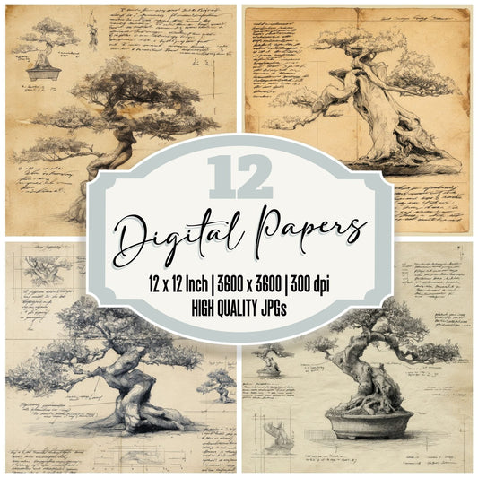 Sketch Bonsai Tree Twisted Digital Paper Pack (DDD003515)