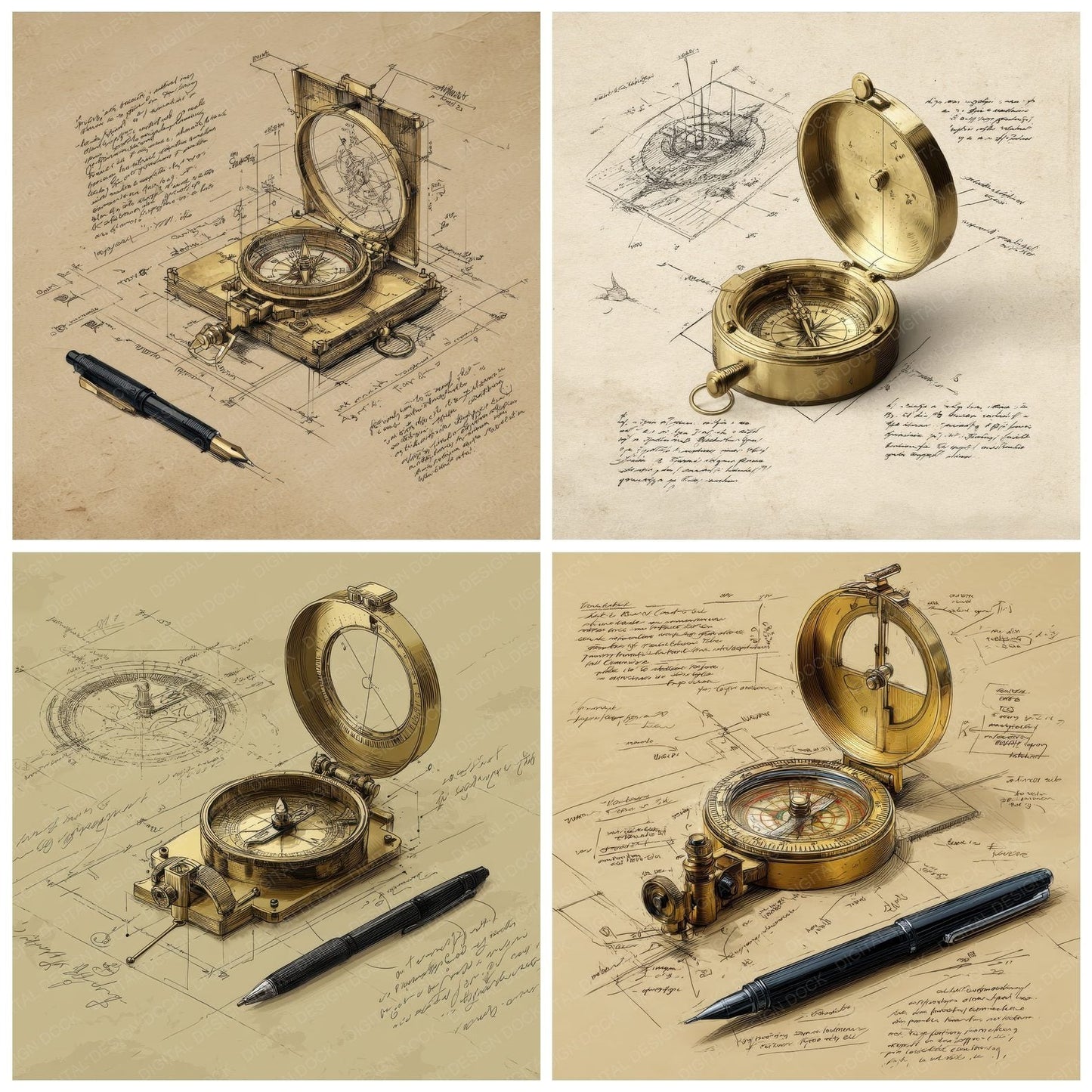 Sketch Brass Compass Open Digital Paper Pack (DDD003516)