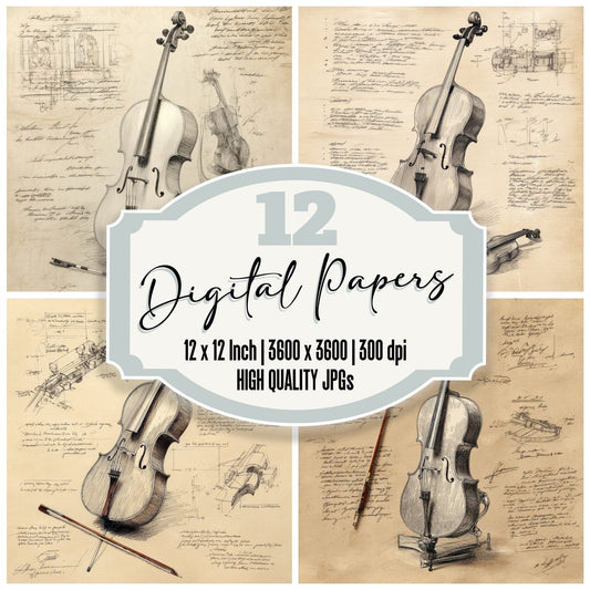 Sketch Cello and Bow Digital Paper Pack (DDD003526)