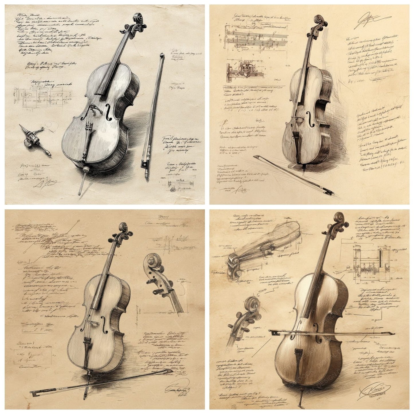 Sketch Cello and Bow Digital Paper Pack (DDD003526)