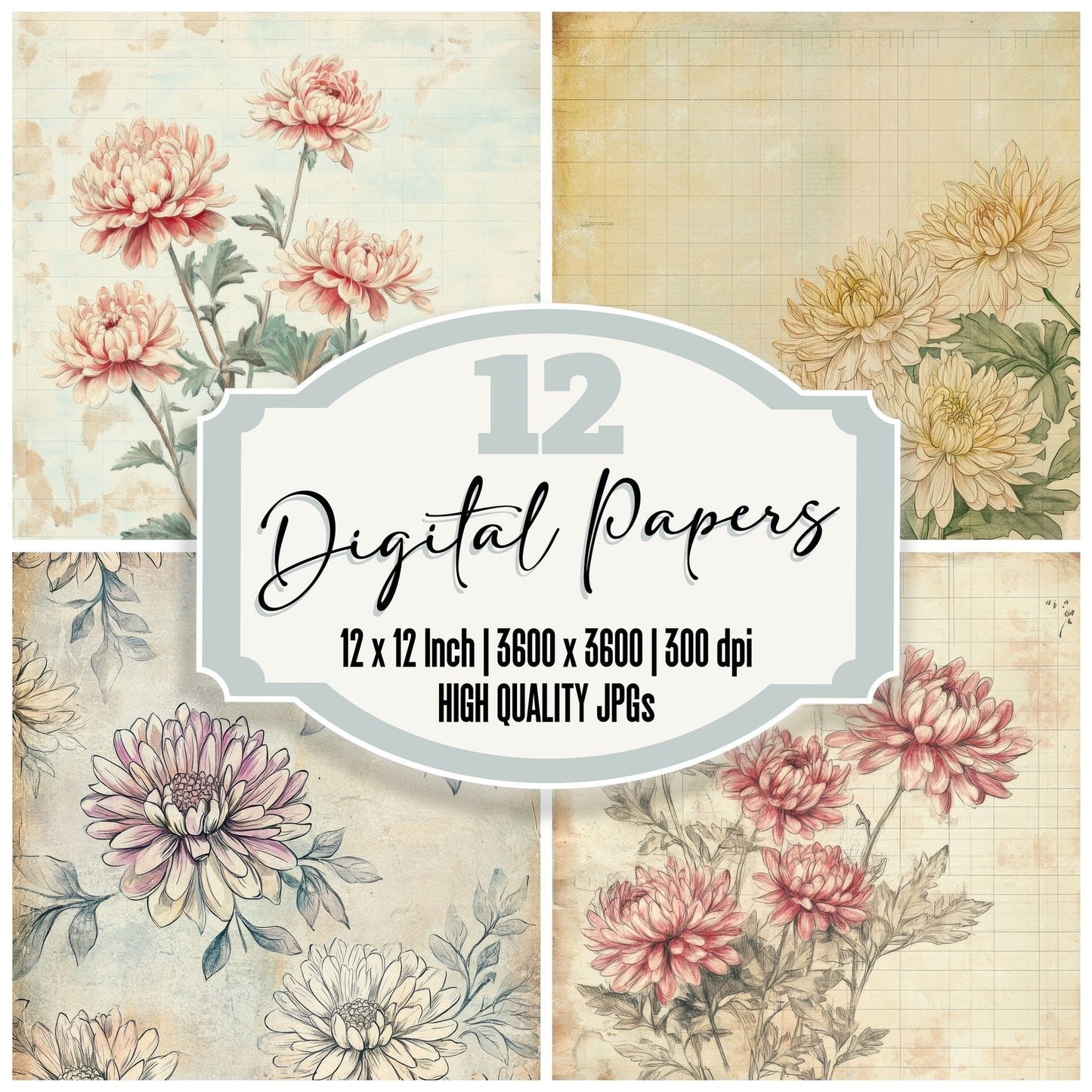 Sketch Chrysanthemum Notepad Digital Paper Pack (DDD003532)
