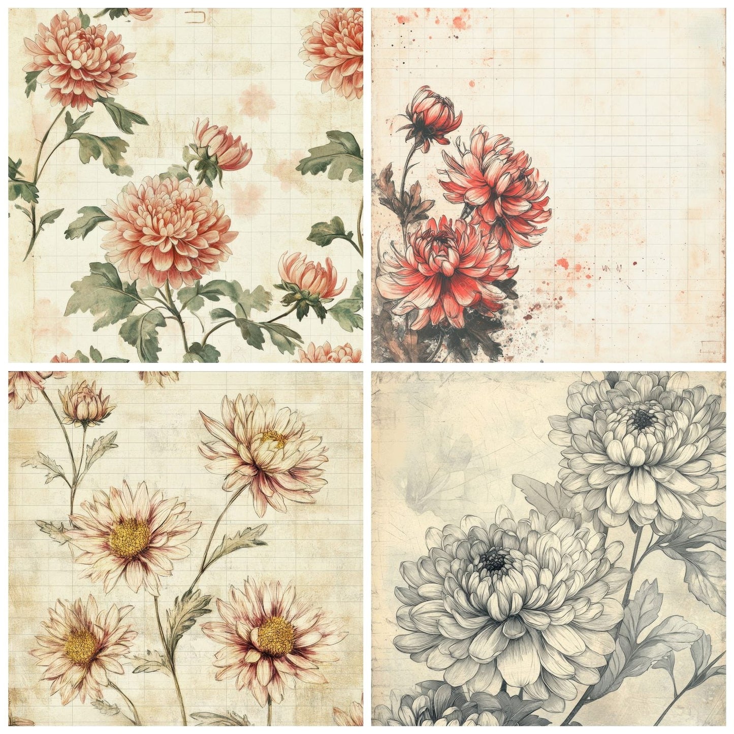 Sketch Chrysanthemum Notepad Digital Paper Pack (DDD003532)