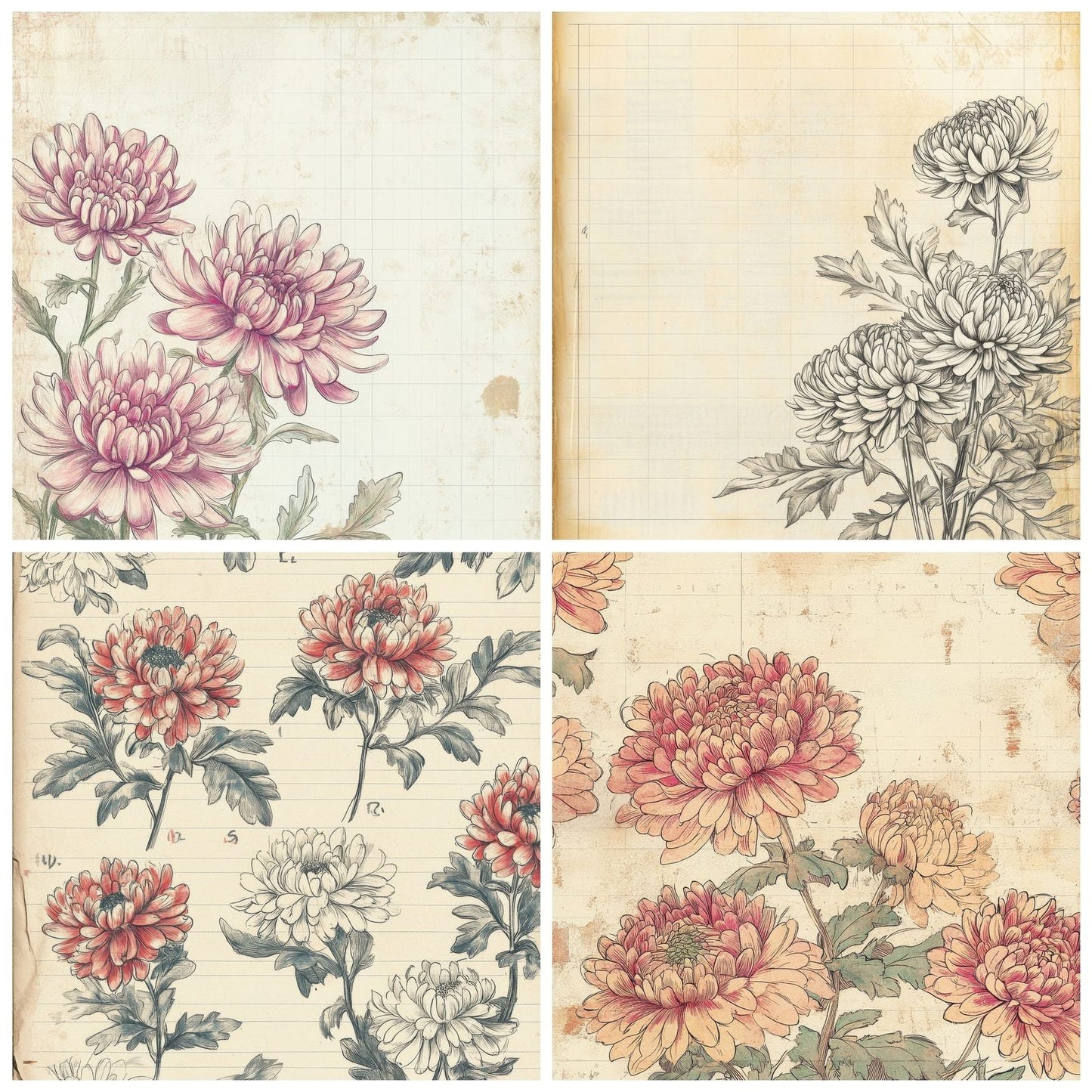 Sketch Chrysanthemum Notepad Digital Paper Pack (DDD003532)