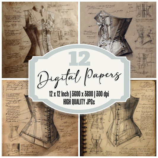 Sketch Corset Laced Boning Digital Paper Pack (DDD003536)