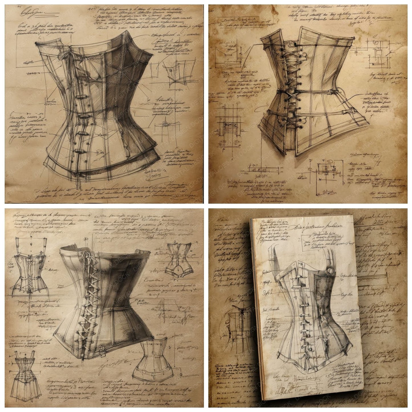 Sketch Corset Laced Boning Digital Paper Pack (DDD003536)